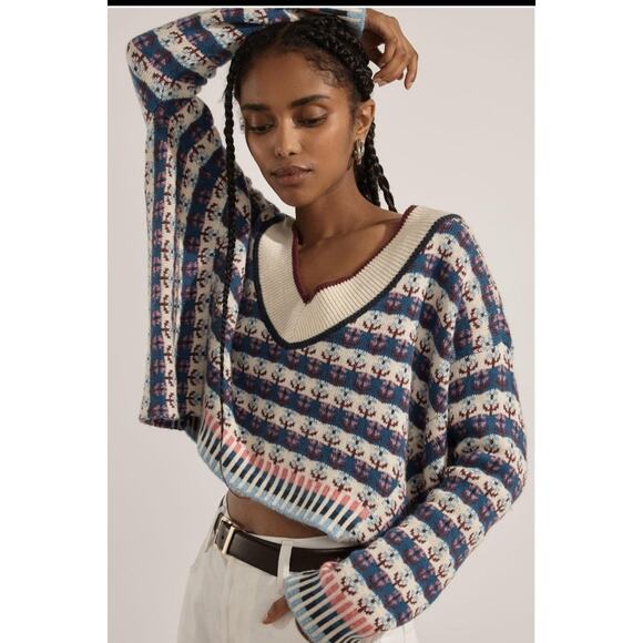 Anthropologie Maeve V Neck Fair Isle Cropped Sweater Floral Boxy Size Small - Picture 1 of 8